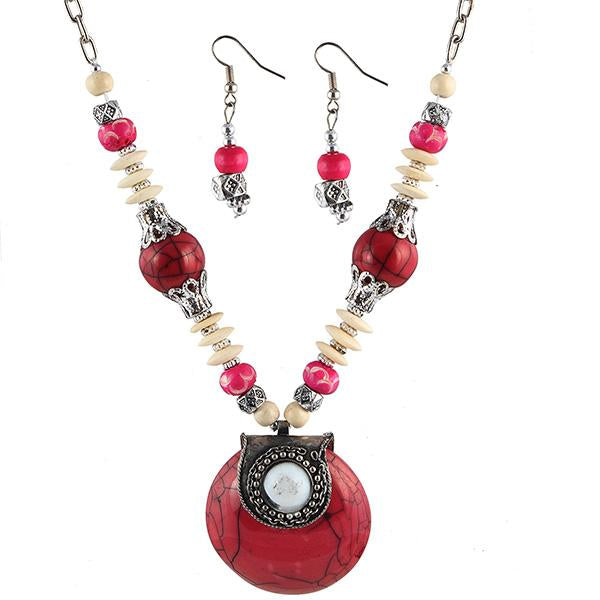 Beadside Pink Beads Rhodium Plated Necklace Set - 1105909E