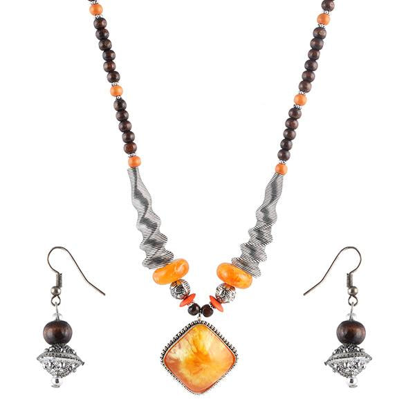 Beadside Orange Beads Rhodium Plated Necklace Set - 1105922B