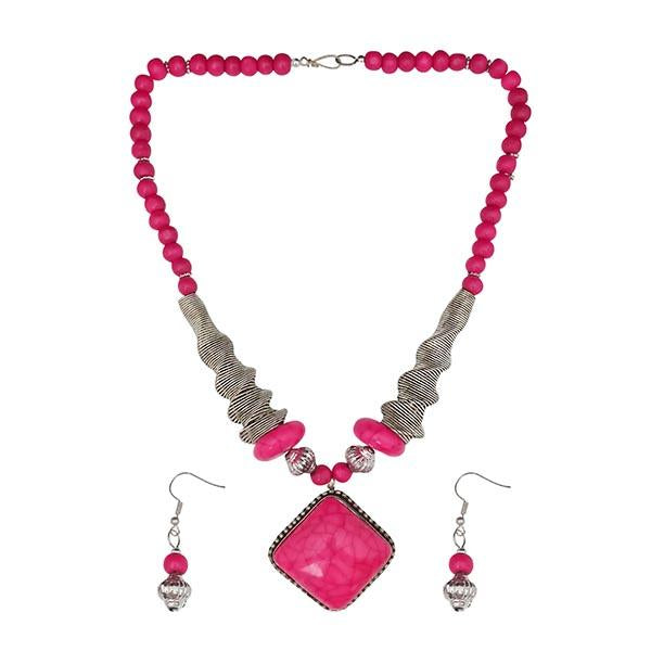 Beadside Pink Beads Rhodium Plated Necklace Set - 1105922G