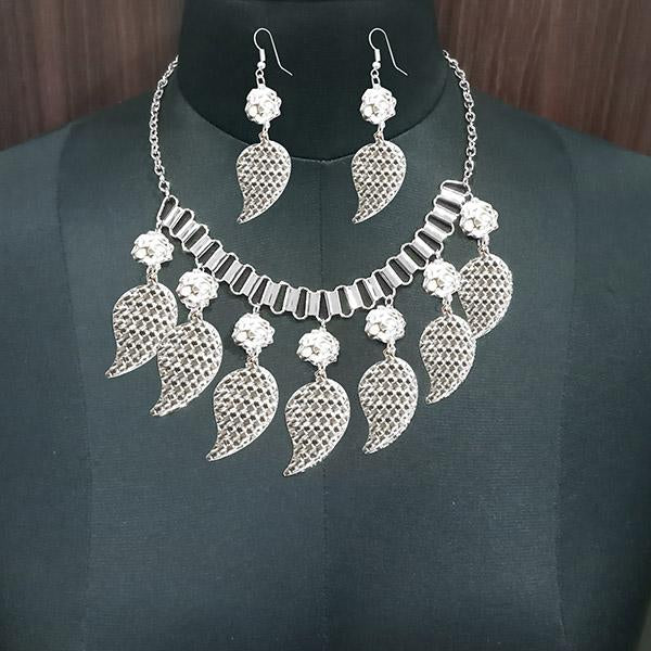 Jeweljunk Rhodium Plated Leaf Design Statement Necklace Set - 1106019A