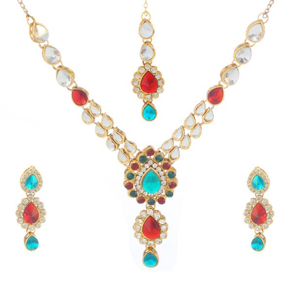 Kriaa Kundan Gold Plated Necklace Set With Maang Tikka - 1106201A