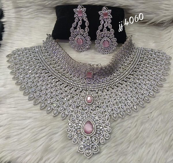 Jain Jewellers Silver Plated American Diamond Necklace Set