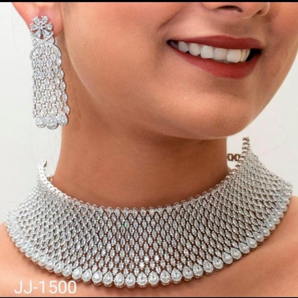 Jain Jewellers Silver Plated AD Stone Necklace Set