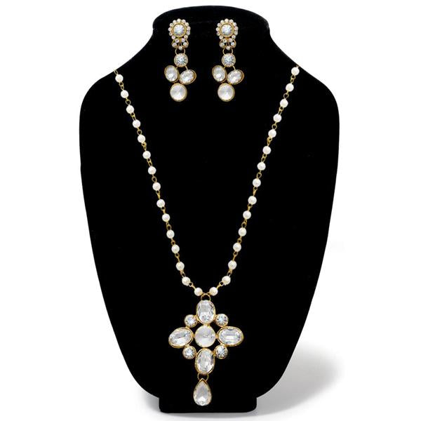 Kriaa Gold Plated White Glass Stone Necklace Set - 1106405B