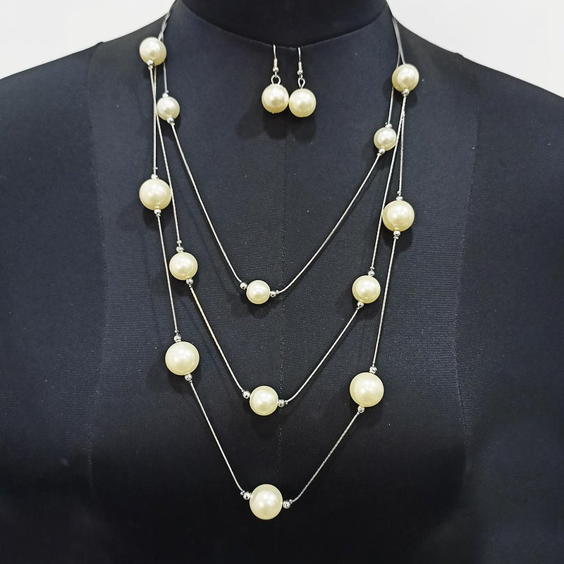 Urthn Black Plated Multi Layer Pearl Statement Necklace Set - 1107068