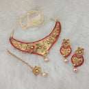 Amina Creation Red Stone Gold Plated Necklace With Maang Tikka - 1107969