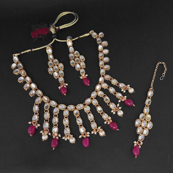 Amina Creation Kundan And Maroon Beads Gold Plated Necklace Set With Maang Tikka - 1107977B