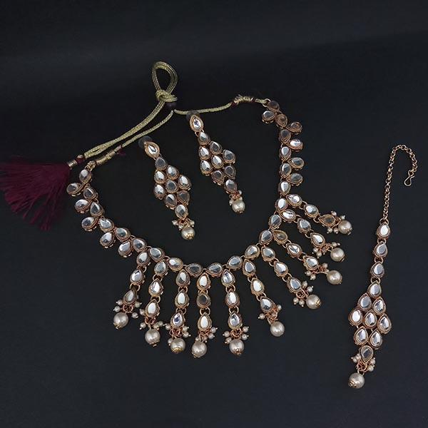 Amina Creation Gold Plated White Kundan And Pearl Necklace Set With Maang Tikka - 1107979A