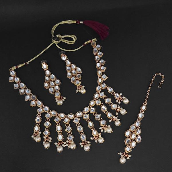 Amina Creation Gold Plated White Kundan And Pearl Necklace Set With Maang Tikka - 1107981