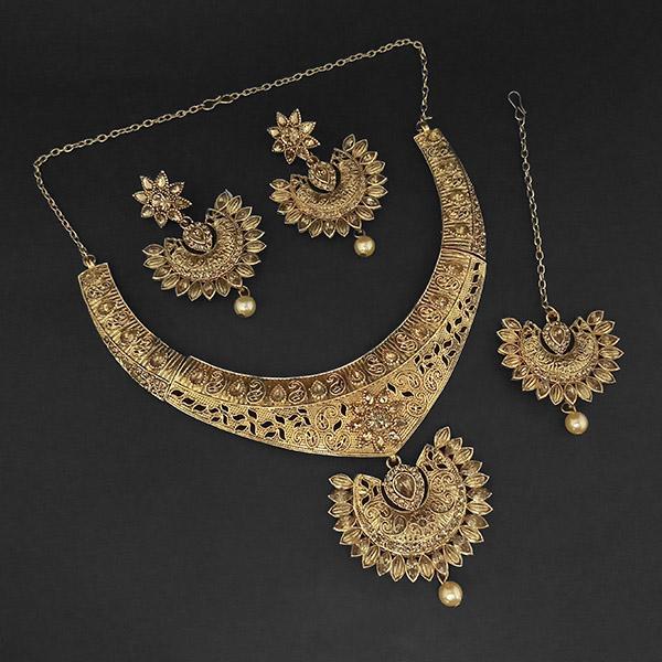 Amina Creation Gold Plated Brown Austrian Stone Necklace Set with Maang Tikka - 1107984
