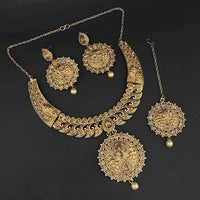 Amina Creation Gold Plated Brown Austrian Stone Necklace Set with Maang Tikka - 1107986