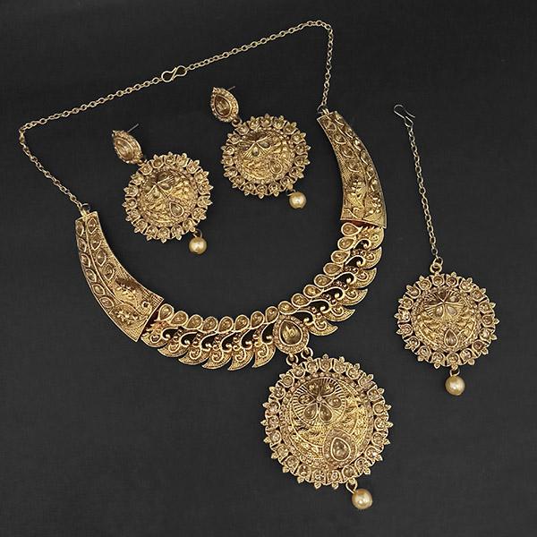 Amina Creation Gold Plated Brown Austrian Stone Necklace Set with Maang Tikka - 1107986