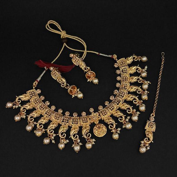 Kriaa Gold Plated Brown Austrian Stone Necklace Set With Maang Tikka -1107990A