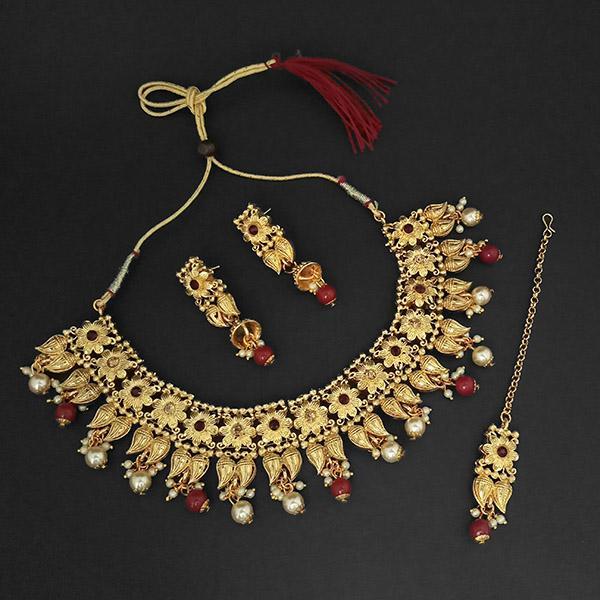 Amina Creation Gold Plated Maroon Austrian Stone Necklace Set With Maang Tikka -1107992B