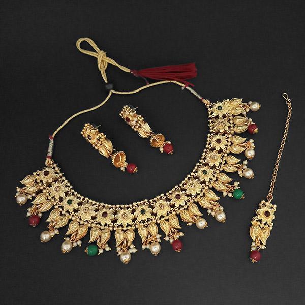 Kriaa Gold Plated Maroon Austrian Stone Necklace Set With Maang Tikka -1107992C