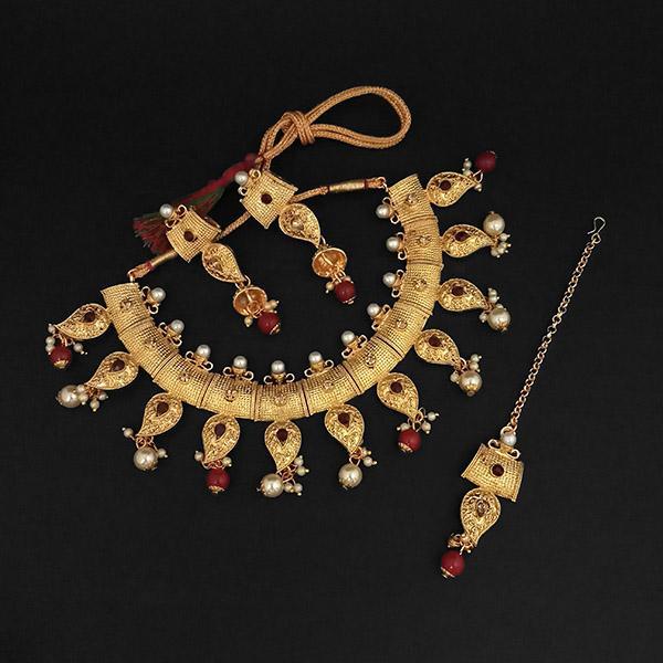 Kriaa Maroon Austrian Stone And Pearl Necklace Set With Maang Tikka -1107993B