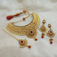 Amina Creation Maroon Austrian Stone Choker Necklace Set With Maang Tikka -1107996B