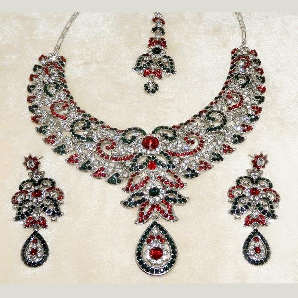 Devnath Art Silver Plated Austrian Stone Necklace Set With Maang Tikka - 1108521F