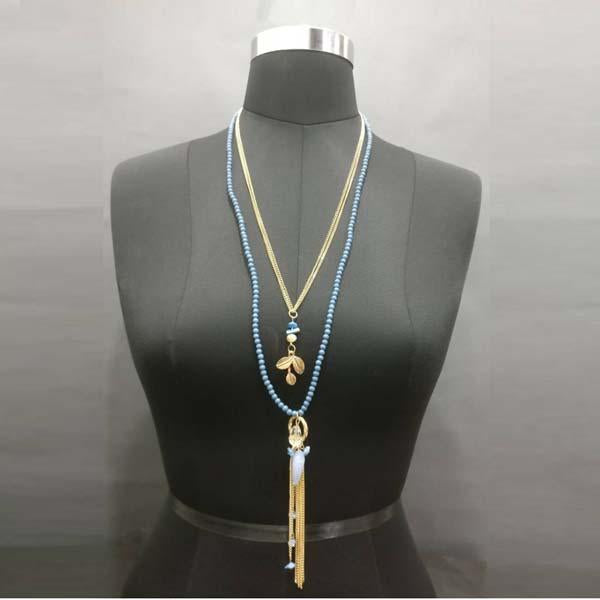 Urthn Gold Plated Blue Beaded Double Chain Necklace - 1109403A