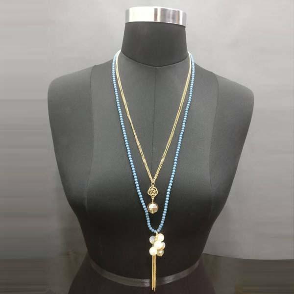 Urthn Gold Plated Double Chain Blue Beaded Necklace - 1109404A