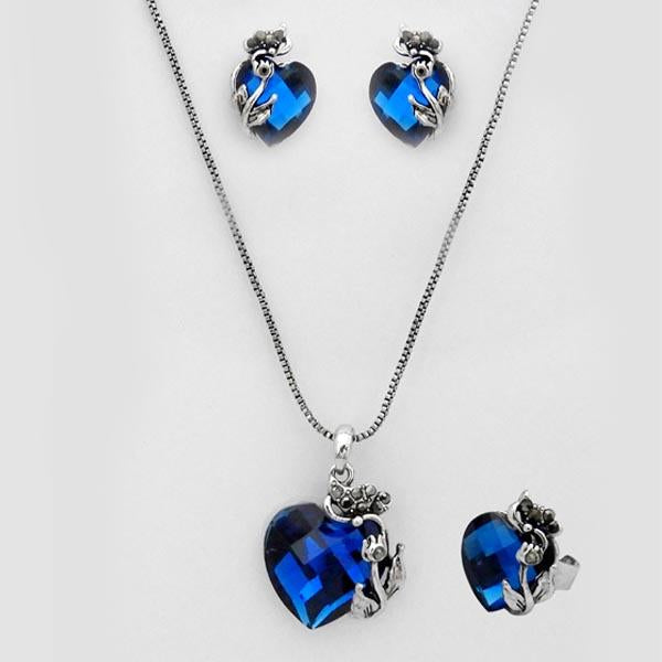 Kriaa Blue Stone Heart Shape Pendant Set With Ring - 1109702B