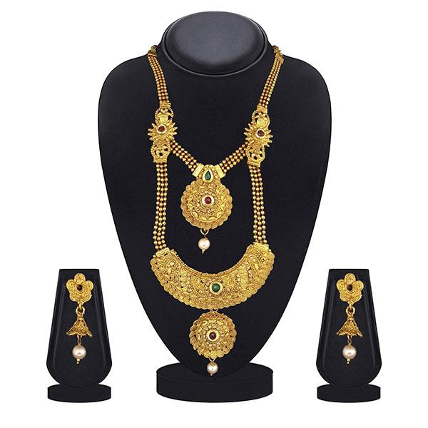 Kriaa Maroon And Green Pota Stone Double Layer Necklace Set - 1109872B