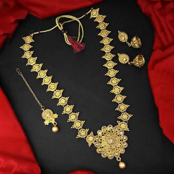 Kriaa Gold Plated Brown Austrian Stone And Kundan Haram Necklace Set With Maang Tikka  - 1109874