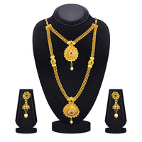 Kriaa Gold Plated Maroon Green Stone Double layer Necklace Set