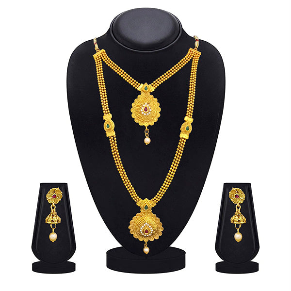 Kriaa Gold Plated Maroon Green Stone Double layer Necklace Set