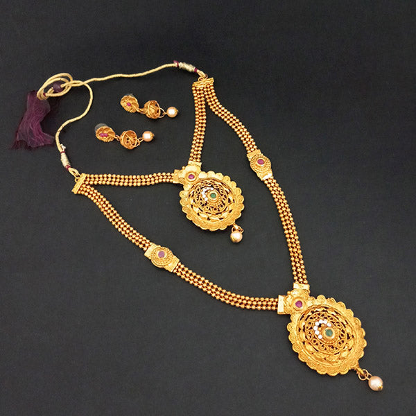 Kriaa Gold Plated Maroon Green Stone Double layer Necklace Set