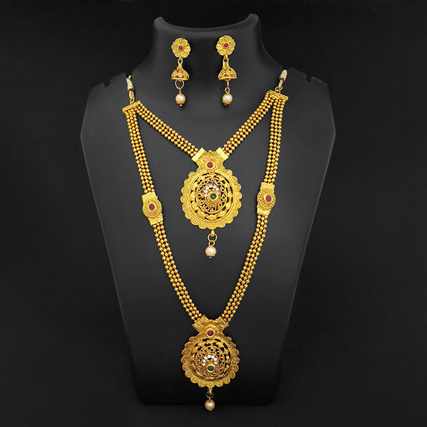 Kriaa Gold Plated Maroon Green Stone Double layer Necklace Set