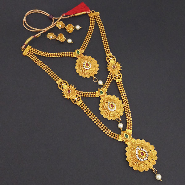 Kriaa Gold Plated Maroon Green Stone Triple layer Necklace Set