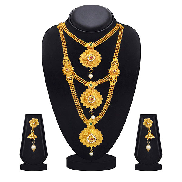 Kriaa Gold Plated Maroon Green Stone Triple layer Necklace Set