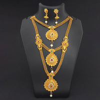 Kriaa Gold Plated Maroon Green Stone Triple layer Necklace Set