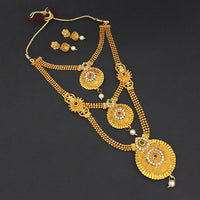 Kriaa Gold Plated Maroon Green Stone Triple layer Necklace Set