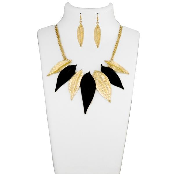 Urthn Gold And Black Leaf Statement Necklace Set - 1109905A