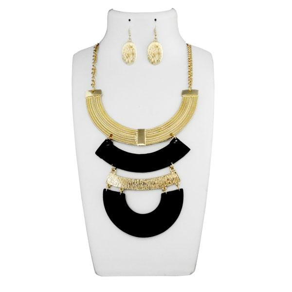 Urthn Gold And Black Long Statement Necklace Set - 1109914A