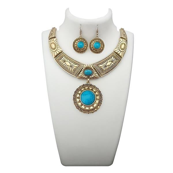 Urthn Blue Turquoise Stone Antique Gold Plated Statement Necklace - 1110059A