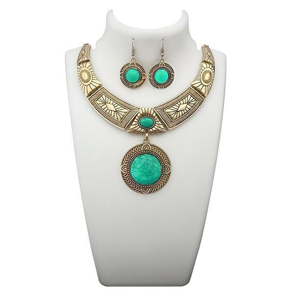 Urthn Green Turquoise Stone Antique Gold Plated Statement Necklace - 1110060D