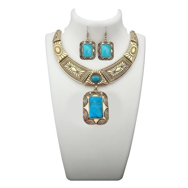 Urthn Blue Turquoise Stone Antique Gold Plated Statement Necklace - 1110061A