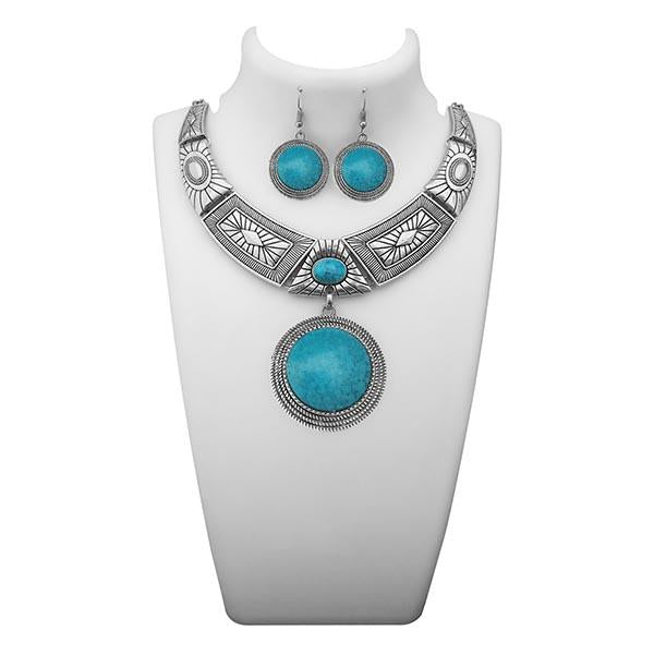 Urthn Blue Turquoise Stone Rhodium Plated Statement Necklace - 1110062A