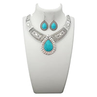 Urthn Blue Turquoise Stone Rhodium Plated Statement Necklace - 1110063A