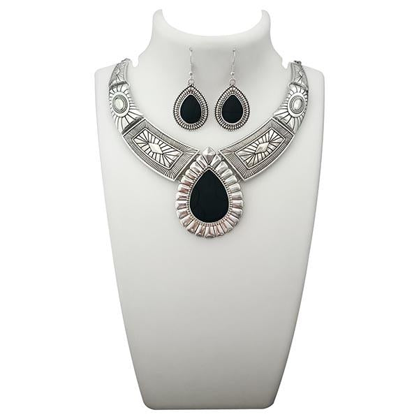 Urthn Black Turquoise Stone Rhodium Plated Statement Necklace - 1110063B