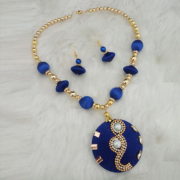 Jeweljunk Gold Plated Austrian Stone Blue Thread Necklace Set - 1110618B