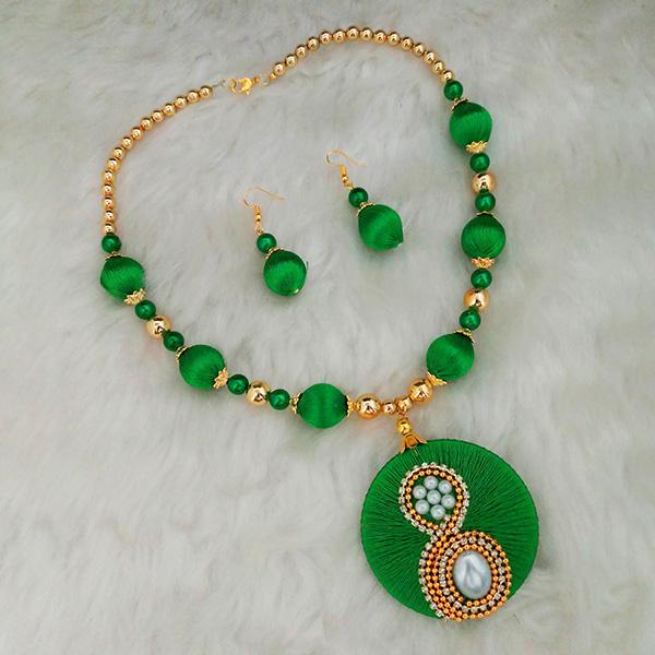 Jeweljunk Green Austrian Stone Gold Plated Thread Necklace Set - 1110621D