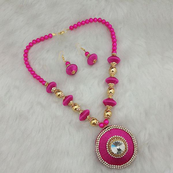 Jeweljunk Gold Plated Austrian Stone Pink Thread Necklace Set - 1110623D