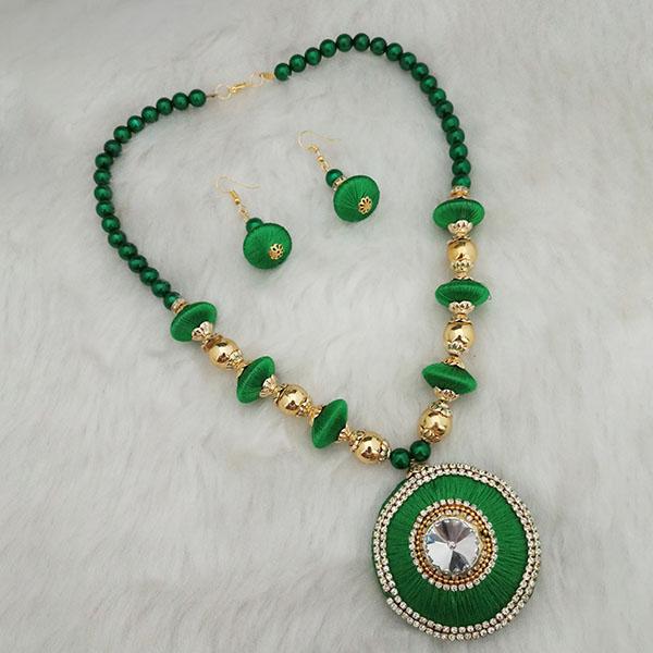 Jeweljunk Gold Plated Austrian Stone Green Thread Necklace Set - 1110623E