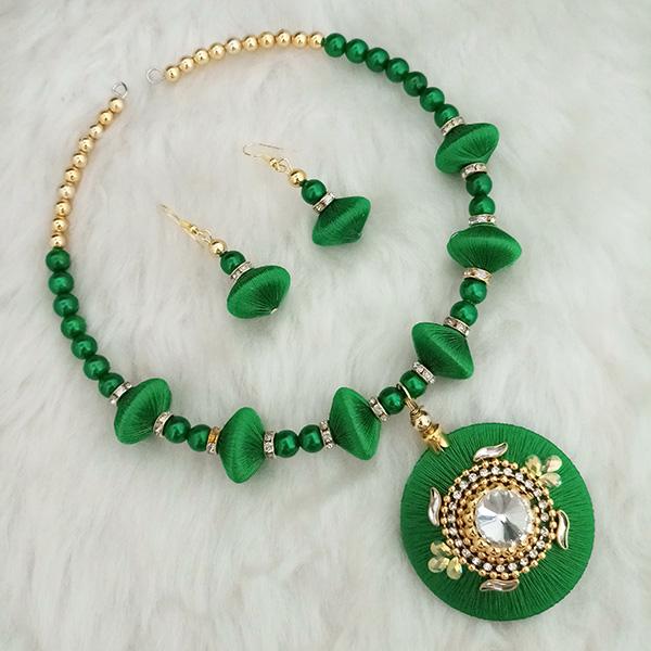 Jeweljunk Green Austrian Stone Gold Plated Thread Necklace Set - 1110627E