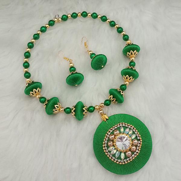 Jeweljunk Green Austrian Stone Gold Plated Thread Necklace Set - 1110628E