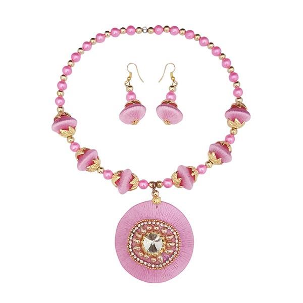 Tip Top Fashions Gold Plated Pink Beads Thread Necklace Set - 1110628G